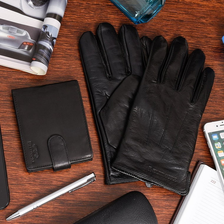 Zestaw męski skórzany portfel poziomy rękawiczki czarne Beltimore T84 : Kolory - czarny, Rozmiar rękawiczek - L/XL
