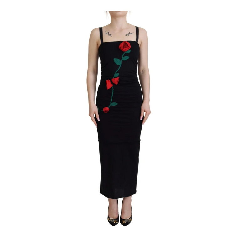 Czarna Sukienka Sheath z Czerwoną Haftowaną Różą Dolce & Gabbana