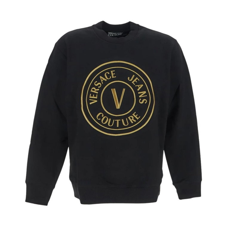 Czarny Bawełniany Sweter z Złotym Haftem Logo Versace Jeans Couture