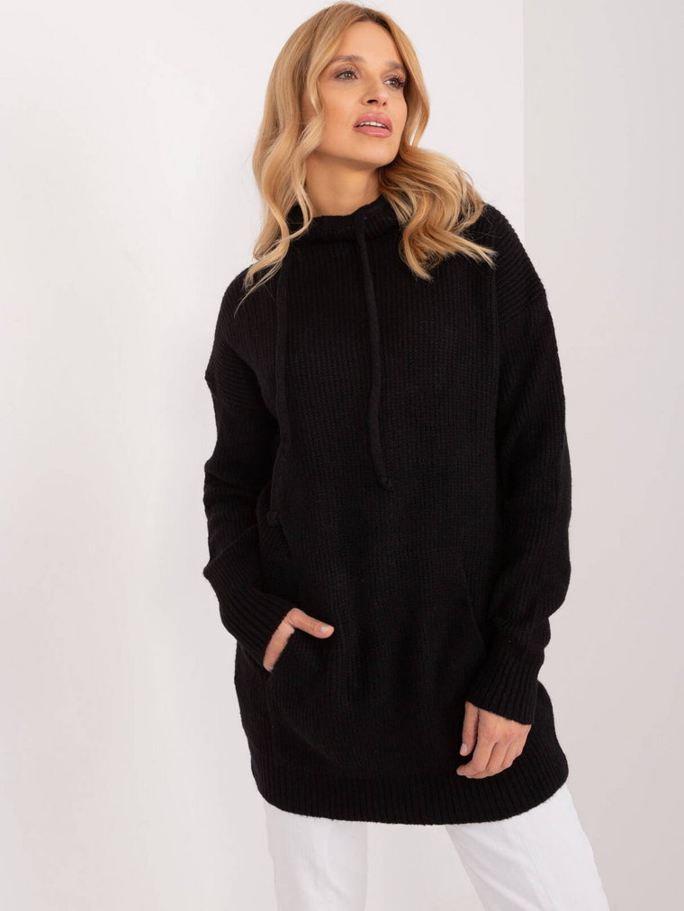 Sweter oversize czarny casual dekolt kaptur rękaw długi długość długa kaptur kieszenie troczki