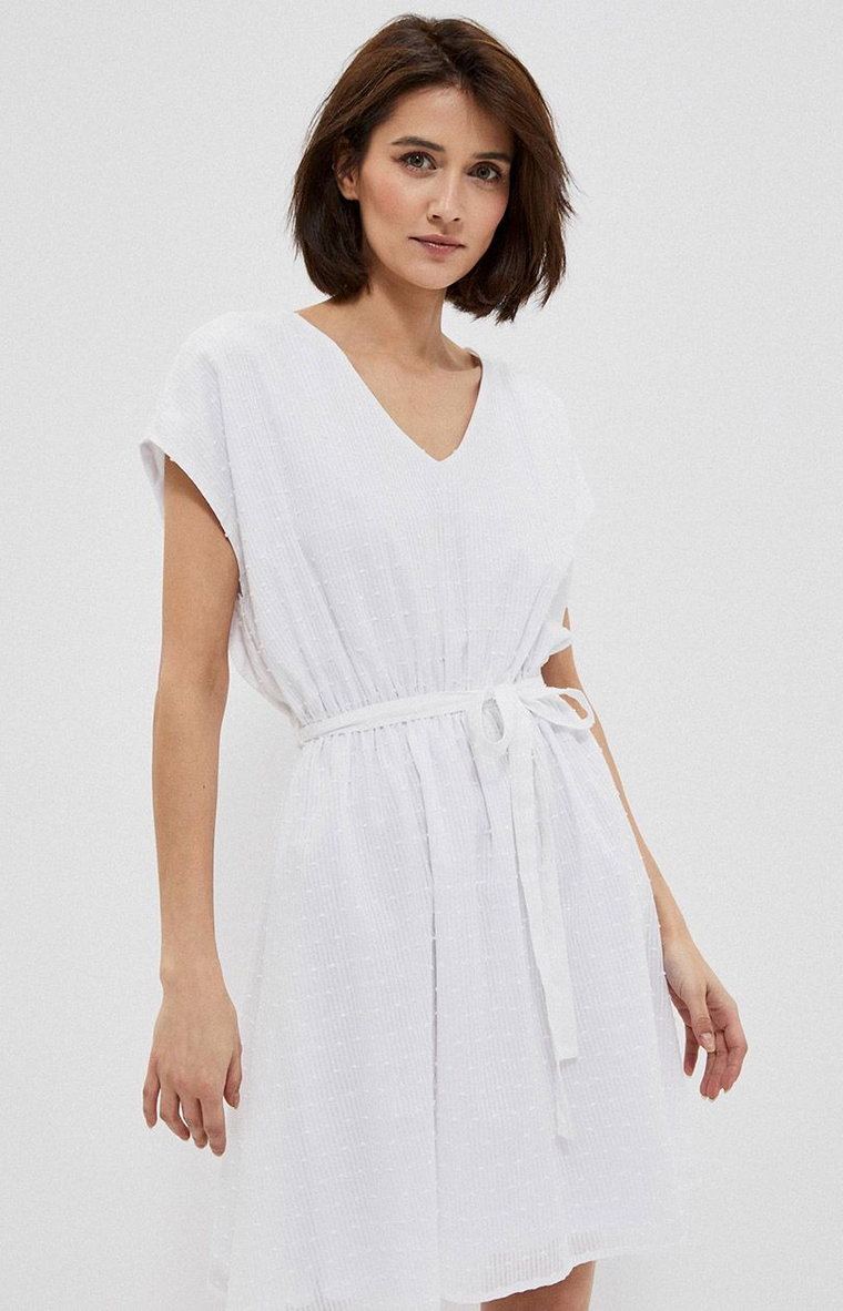 Sukienka damska biała z tkaniny plumeti 3761, Kolor biały, Rozmiar XS, Moodo
