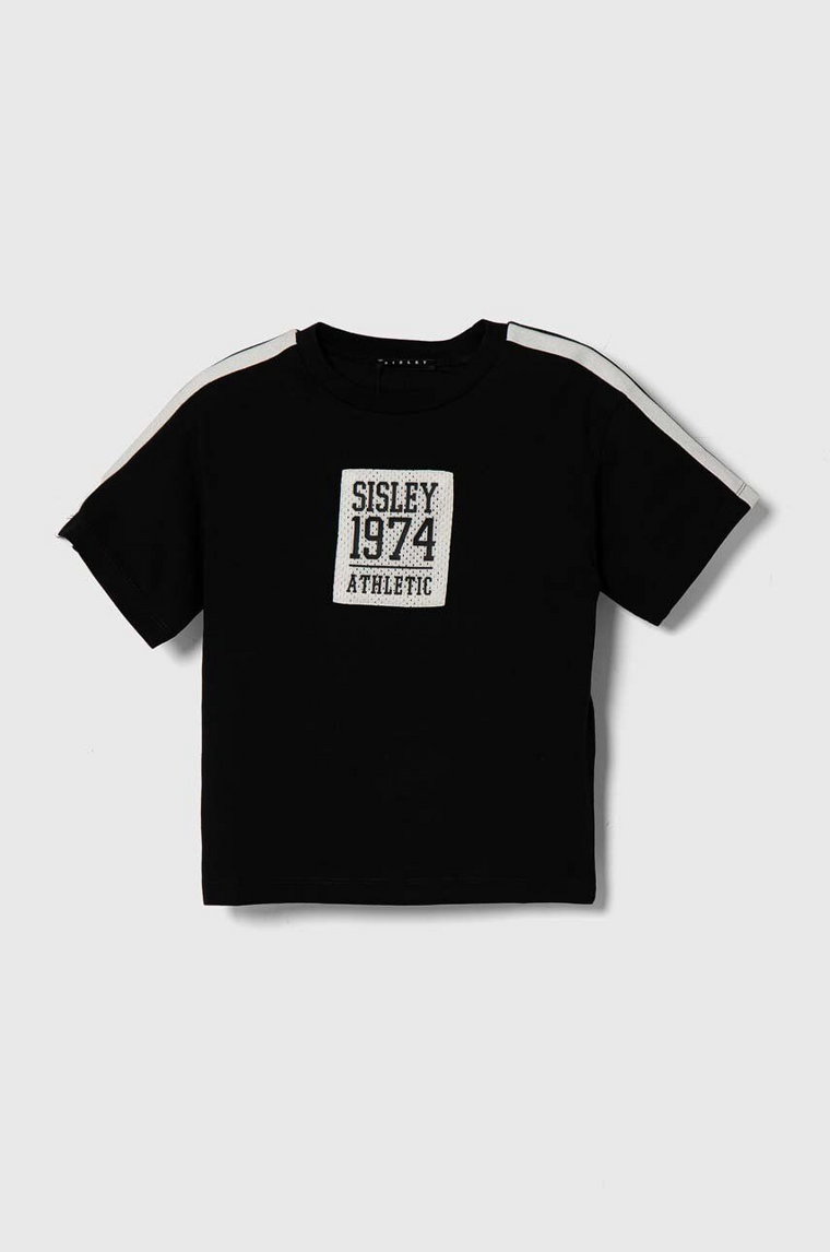 Sisley t-shirt bawełniany dziecięcy kolor czarny z aplikacją