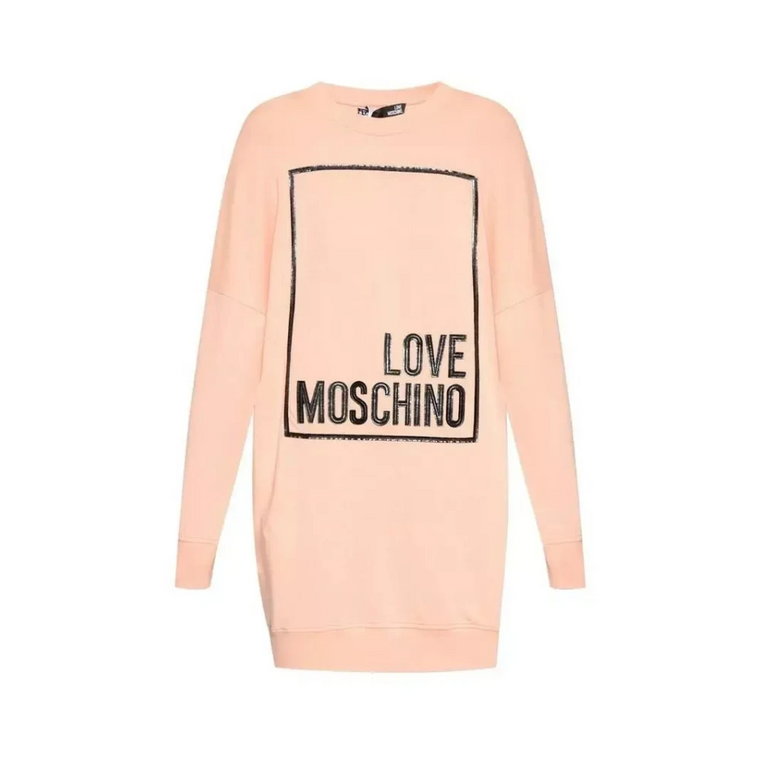 Różowa Sukienka z Bawełny z Logo z Ekoskóry Love Moschino