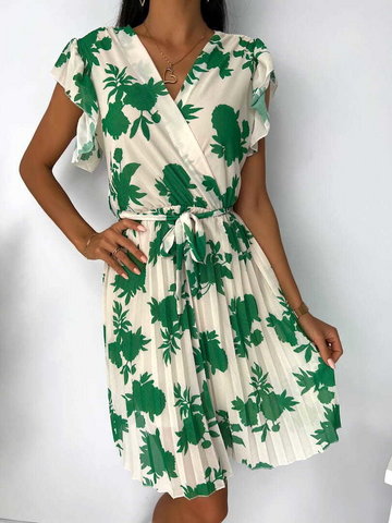 Kremowa Sukienka w Zielony Wzór