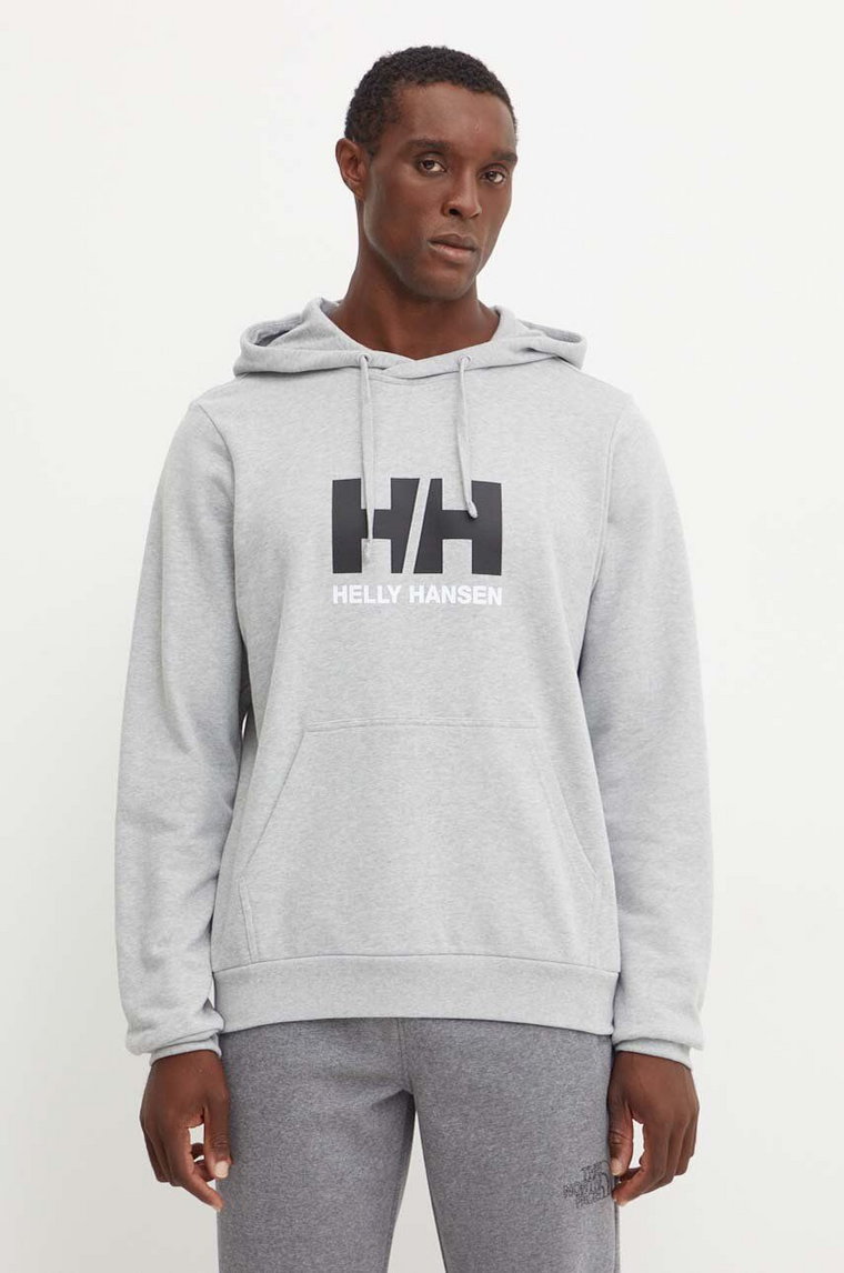 Helly Hansen bluza bawełniana HH LOGO męska kolor szary z kapturem z nadrukiem 30394