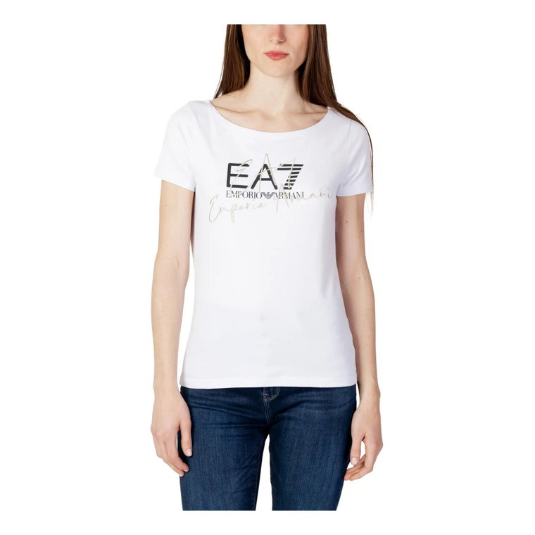Biała T-shirt z nadrukiem i dekoltem łódkowym Emporio Armani EA7