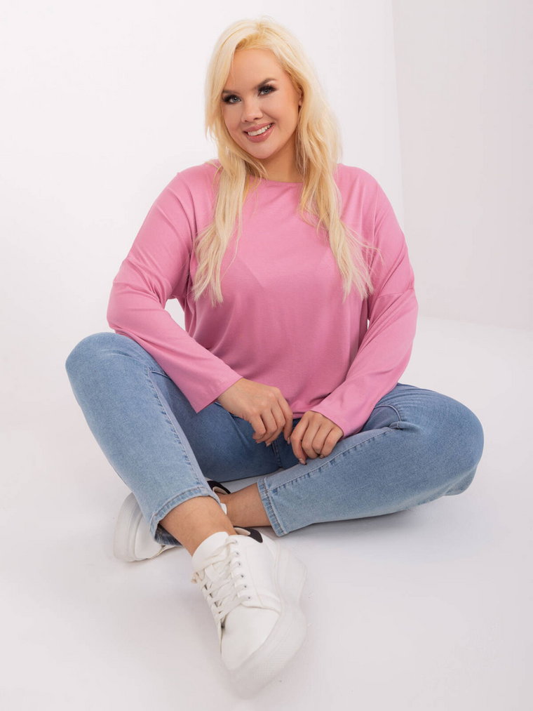 Bluzka plus size różowy casual codzienna dekolt okrągły rękaw długi naszywki