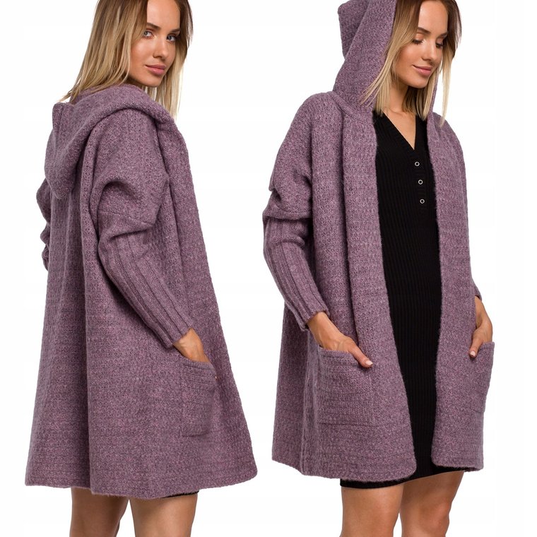 Kobiecy Sweter Kardigan Sweterek Oversize Ciepły Długi Fioletowy 40/42 L/XL