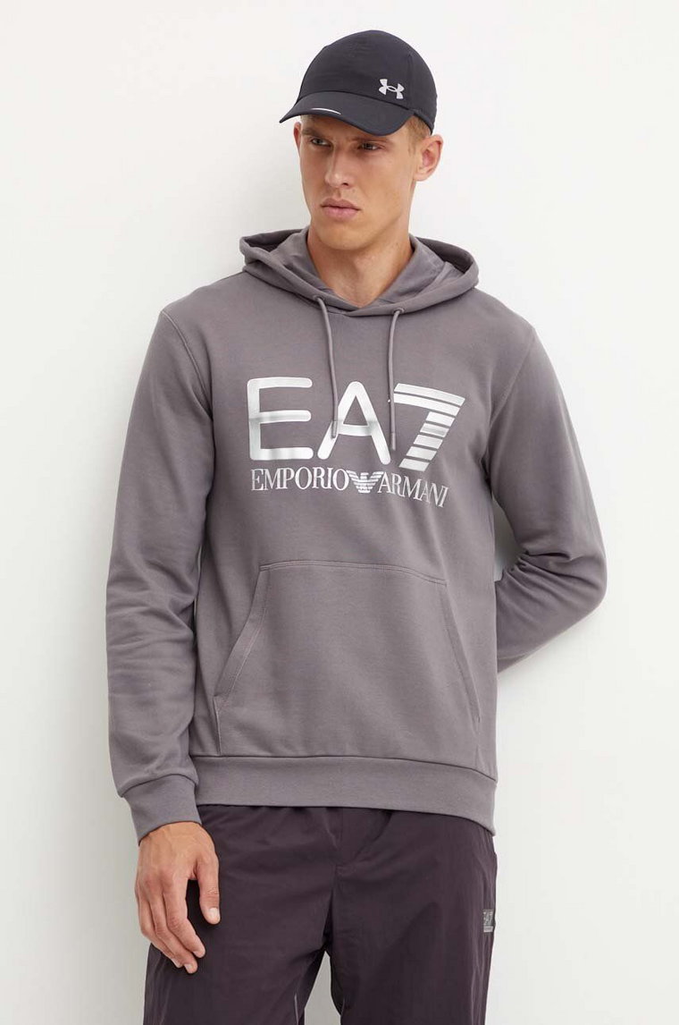 EA7 Emporio Armani bluza bawełniana męska kolor szary z kapturem z nadrukiem PJSHZ.6DPM16