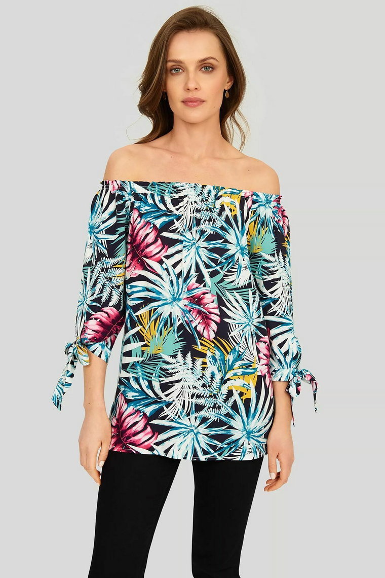 Bluzka damska w tropikalne wzory z dekoltem typu carmen