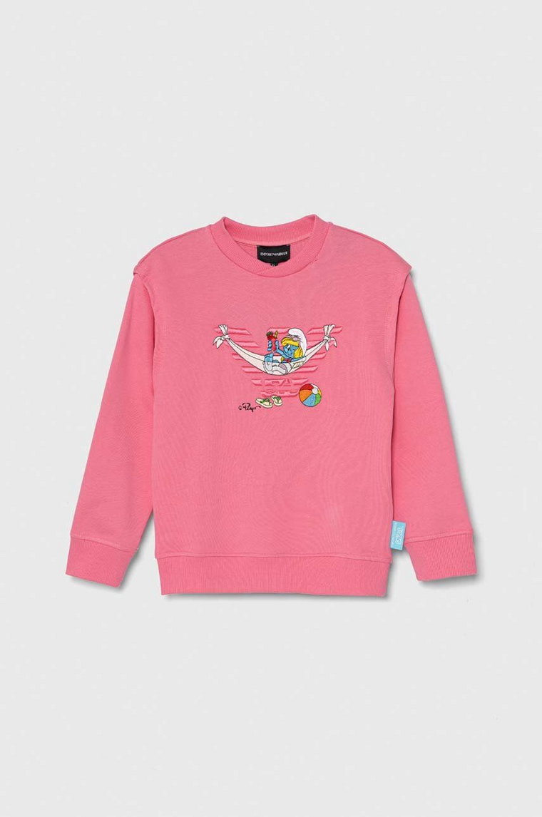 Emporio Armani bluza bawełniana dziecięca x The Smurfs kolor różowy z aplikacją