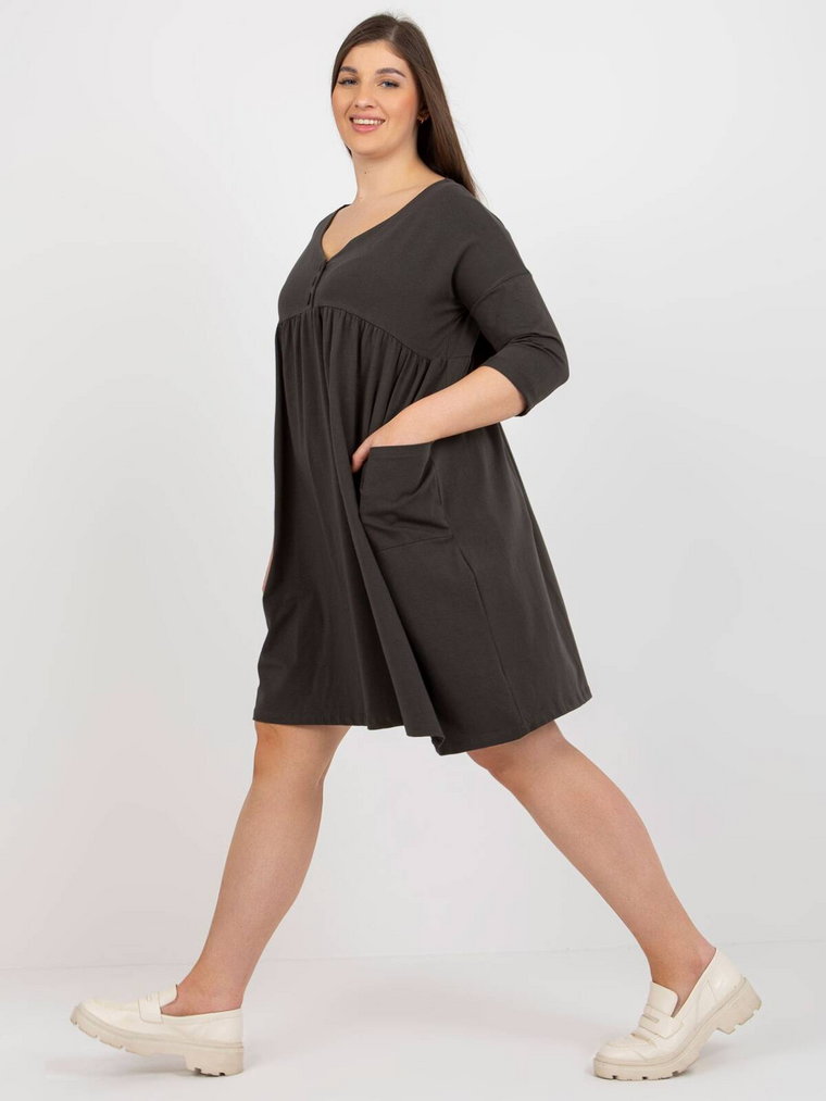 Sukienka plus size ciemny khaki codzienna dekolt w kształcie V rękaw 3/4 długość przed kolano kieszenie guziki