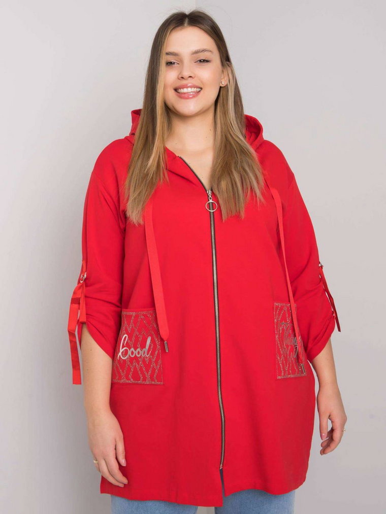 Bluza plus size czerwony casual z kapturem rozpinane kaptur rękaw długi dżety zamek