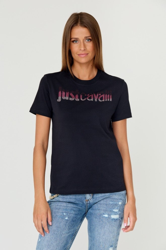 JUST CAVALLI Czarny t-shirt R LOGO CRYSTAL