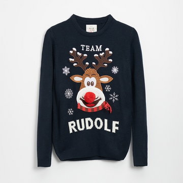 House - Świąteczny sweter z reniferem Team Rudolf granatowy - Granatowy