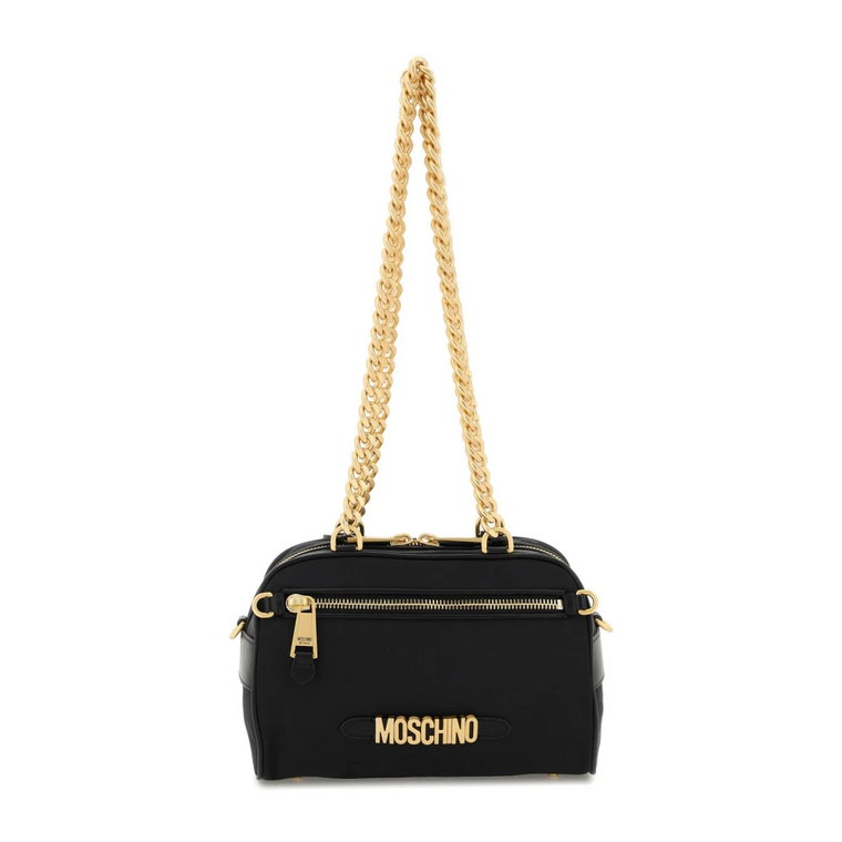 Nylonowa torba do kręgli z detalami skórzane i złotym logo appliqué Moschino