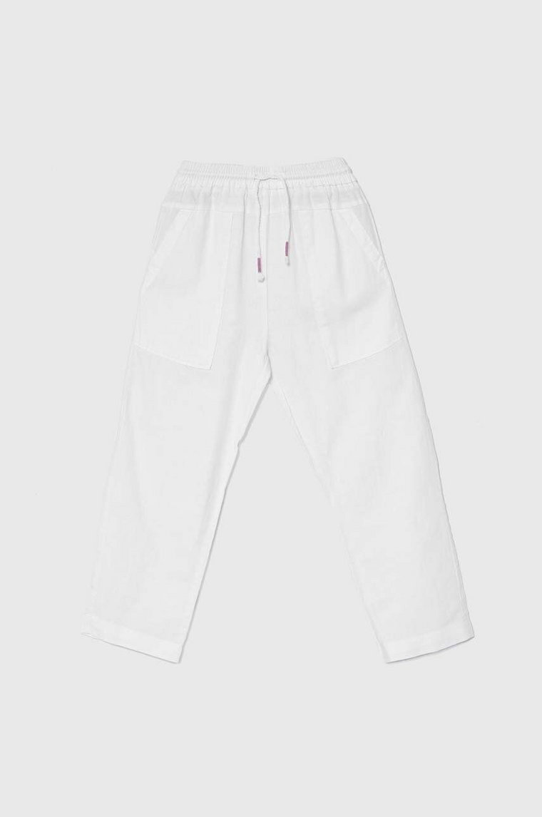 United Colors of Benetton spodnie lniane dziecięce kolor biały gładkie