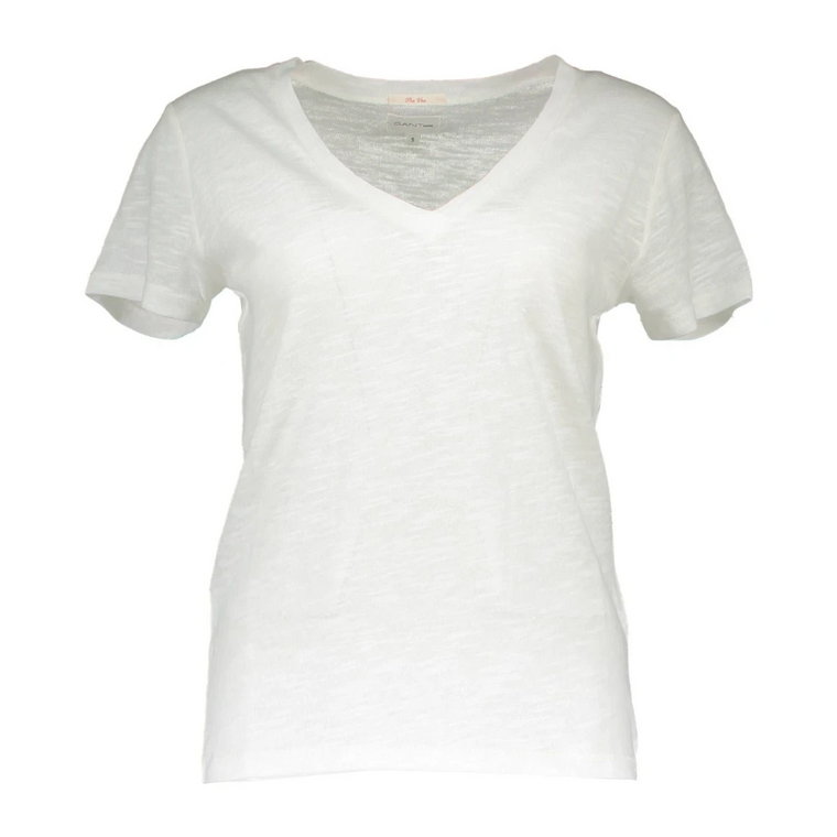 Biała Bawełniana Koszulka z Dekoltem V Gant