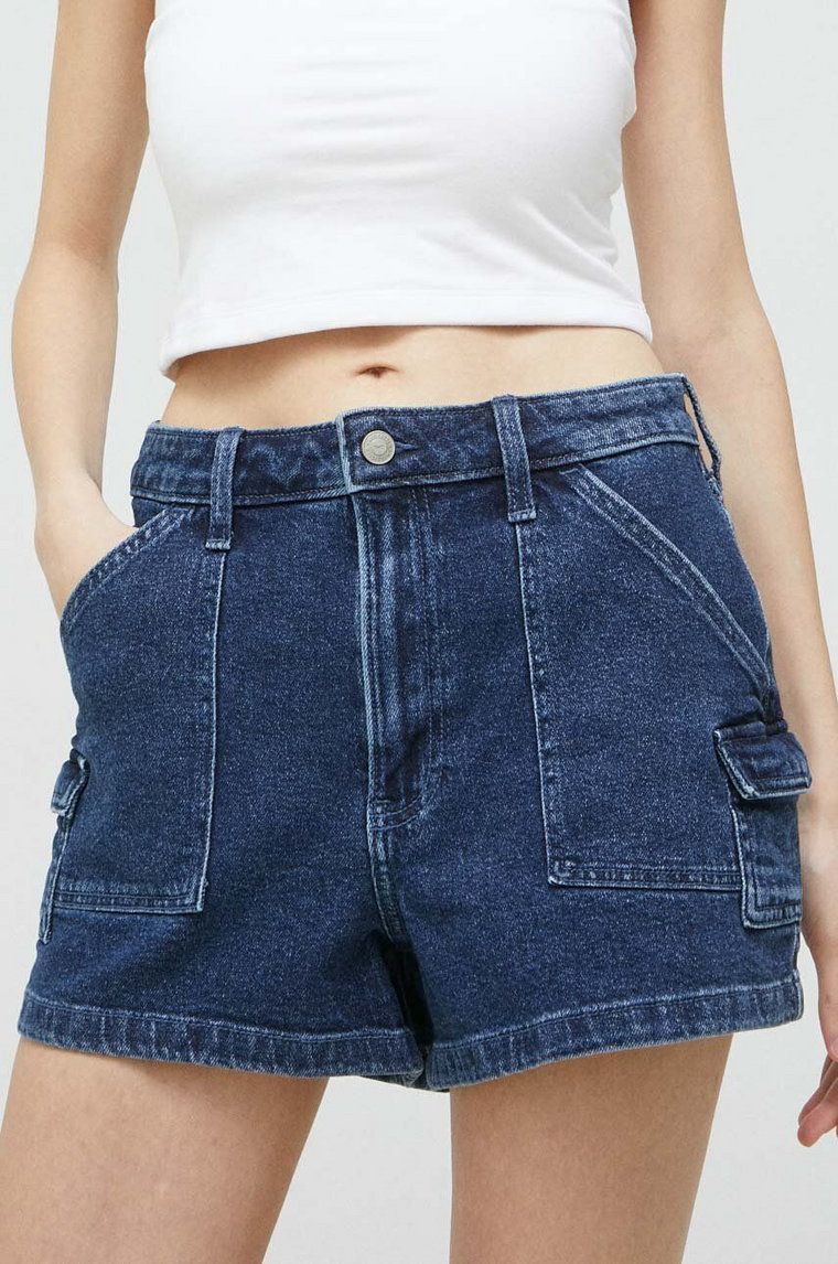 Hollister Co. szorty jeansowe damskie kolor granatowy gładkie high waist