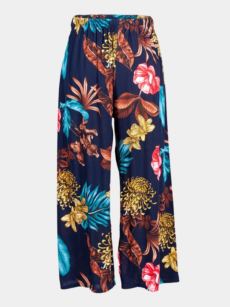 Spodnie damskie letnie długie proste kwiaty granatowe XL-XXL