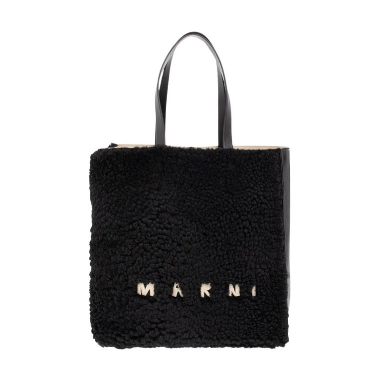 Czarna skórzana torebka z futrzanym wykończeniem i haftowanym logo Marni