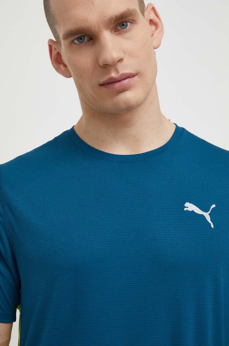 Puma t-shirt do biegania Run Favourite Velocity kolor turkusowy z nadrukiem 525058