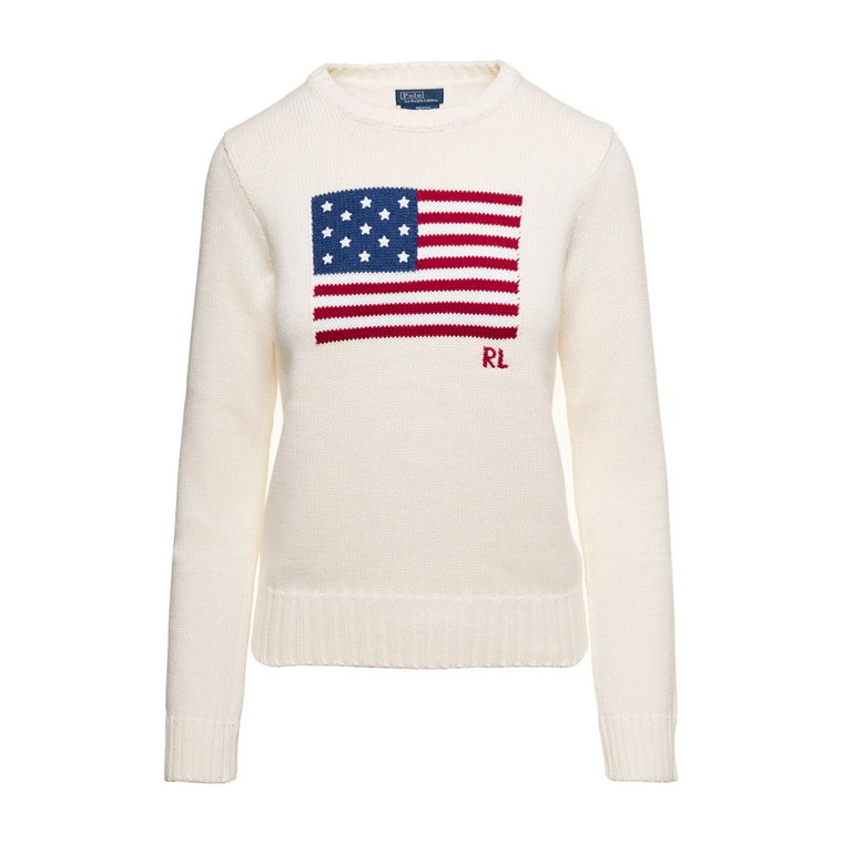 Biały Sweter z Bawełny z Okrągłym Dekoltem i Flagą Polo Ralph Lauren
