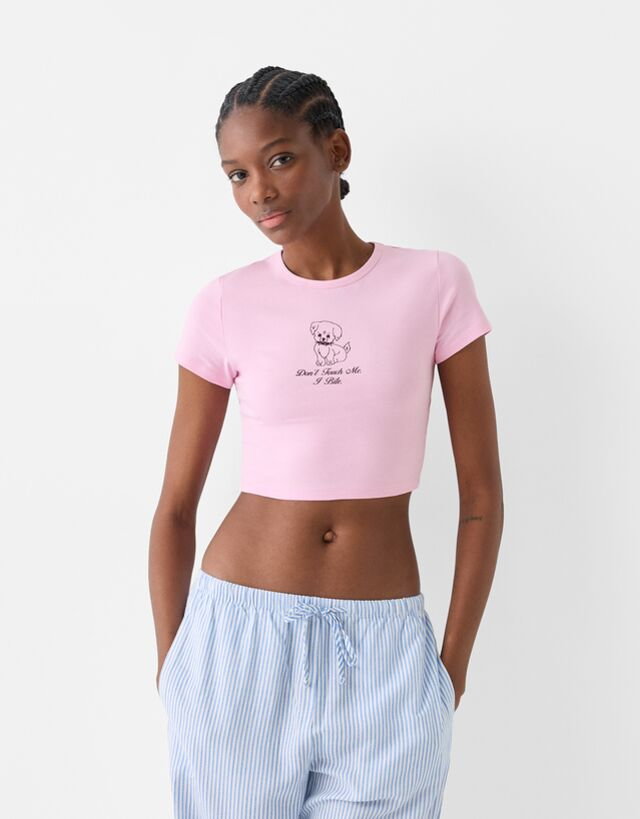 Bershka Koszulka Z Krótkim Rękawem I Nadrukiem Kobieta S Różowy