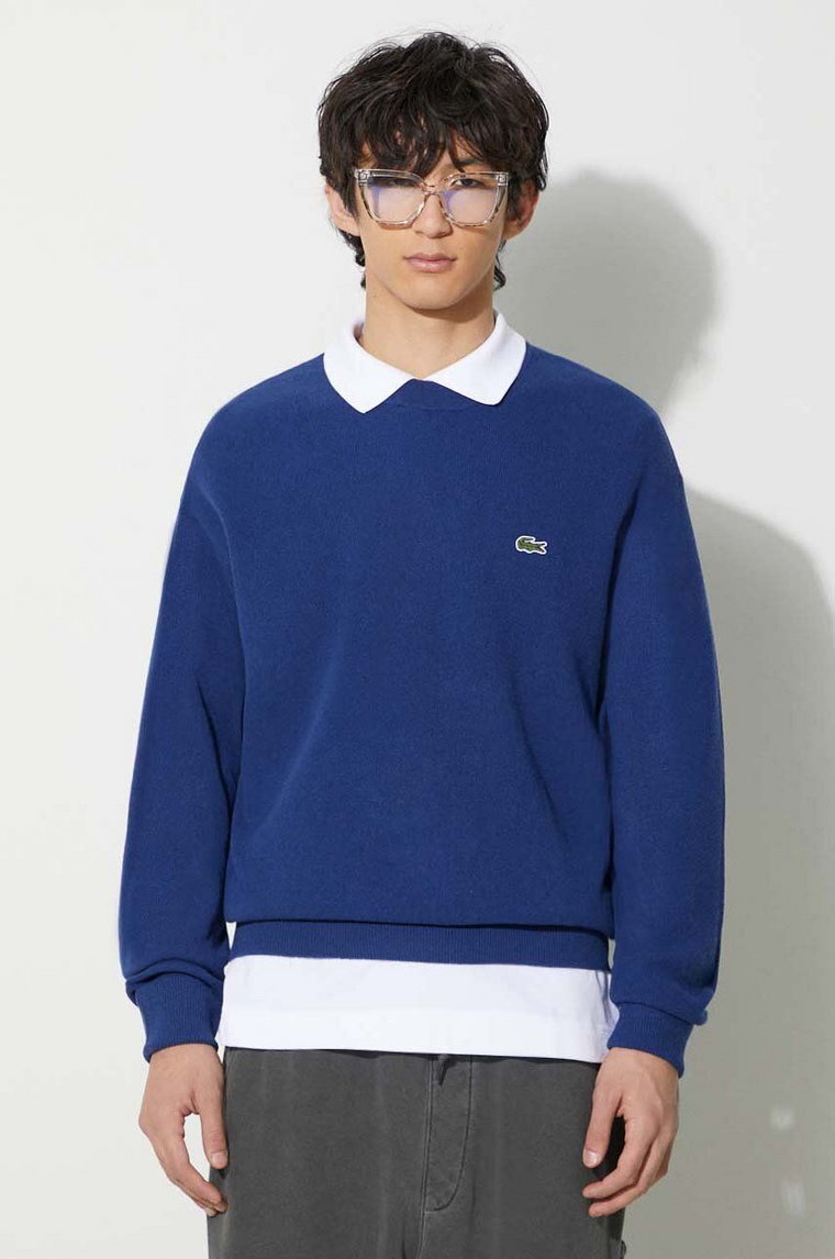 Lacoste sweter wełniany męski kolor niebieski lekki AH0532 F9F