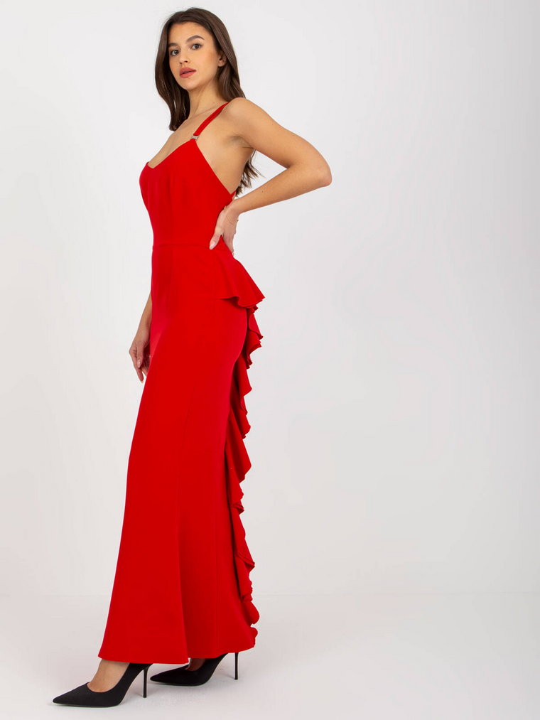 Sukienka wieczorowa czerwony dekolt w kształcie V rękaw na ramiączkach długość maxi falbana baskinka