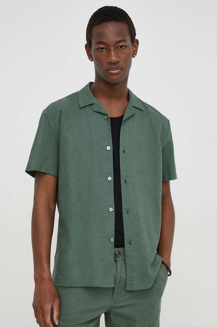Bruuns Bazaar koszula z domieszką lnu kolor zielony regular