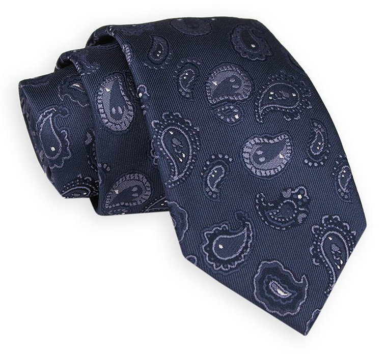 Ciemny Granatowy Elegancki Krawat -Angelo di Monti- 7 cm, Męski, Wzór Paisley, Łezki, Nerki