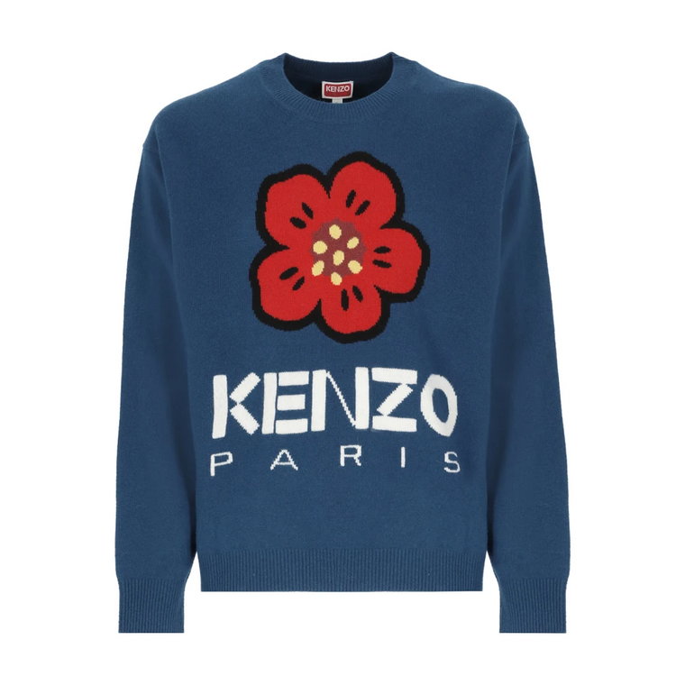 Niebieski Wełniany Sweter z Haftem Kwiatowym Kenzo