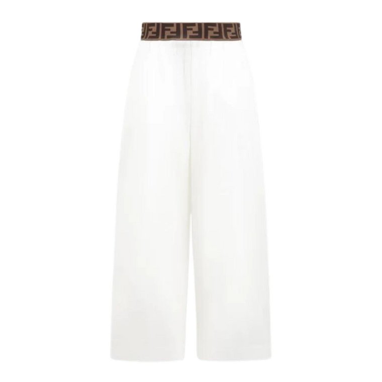Białe spodnie z szerokimi nogawkami i brązowym paskiem z logo Fendi
