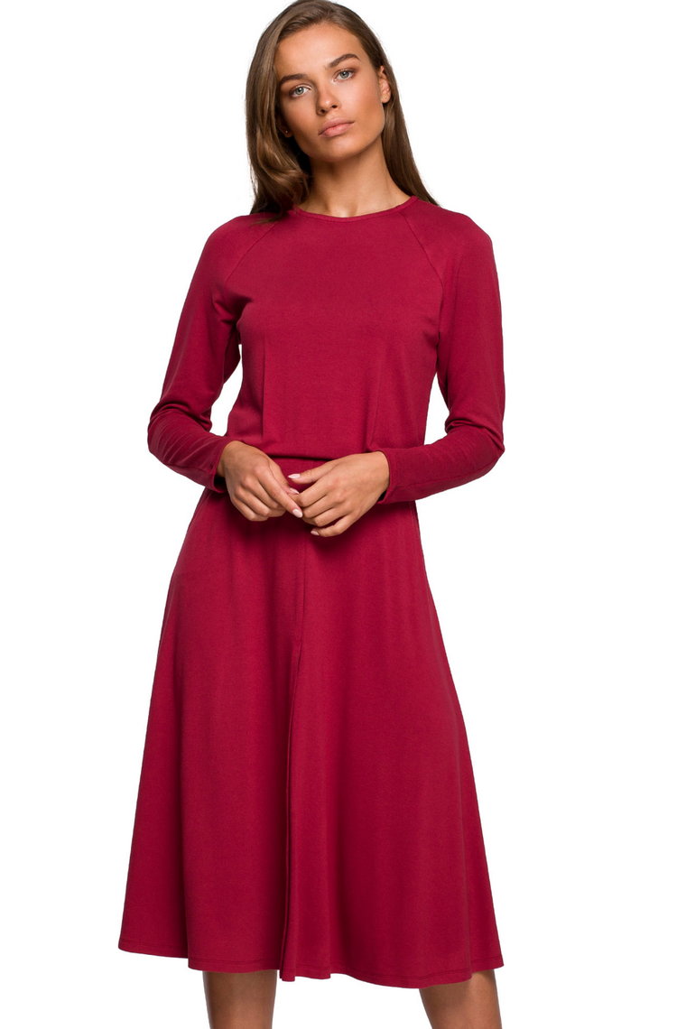 Sukienka rozkloszowana klasyczna z gumą w pasie bordowa wiskoza