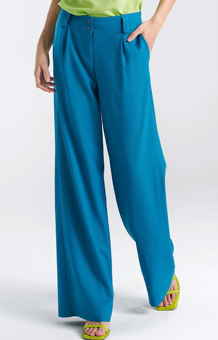 Spodnie damskie lniane wide leg niebieskie SD85, Kolor niebieski, Rozmiar 36, Nife