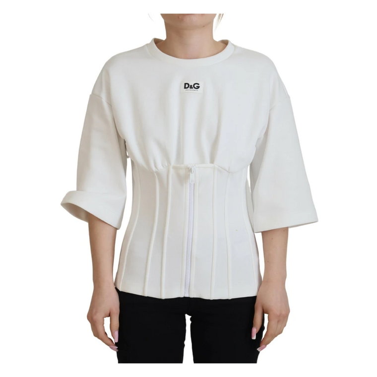 Biała Gorsetowa Elastyczna Bawełniana Koszulka z Długim Rękawem Dolce & Gabbana