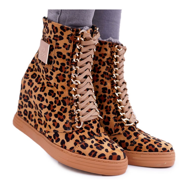 Damskie Sneakersy Lu Boo Złoty Łańcuch Zamsz Leopard Monica beżowy brązowe