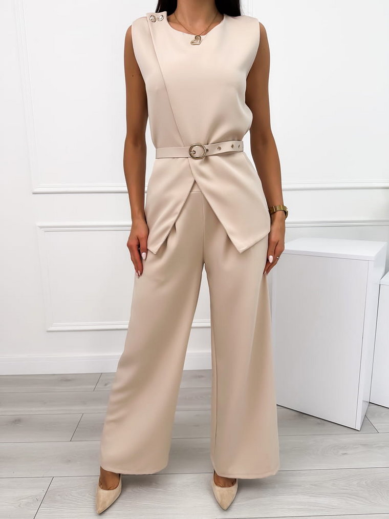 Beżowy Elegancki Komplet Bluzka + Spodnie
