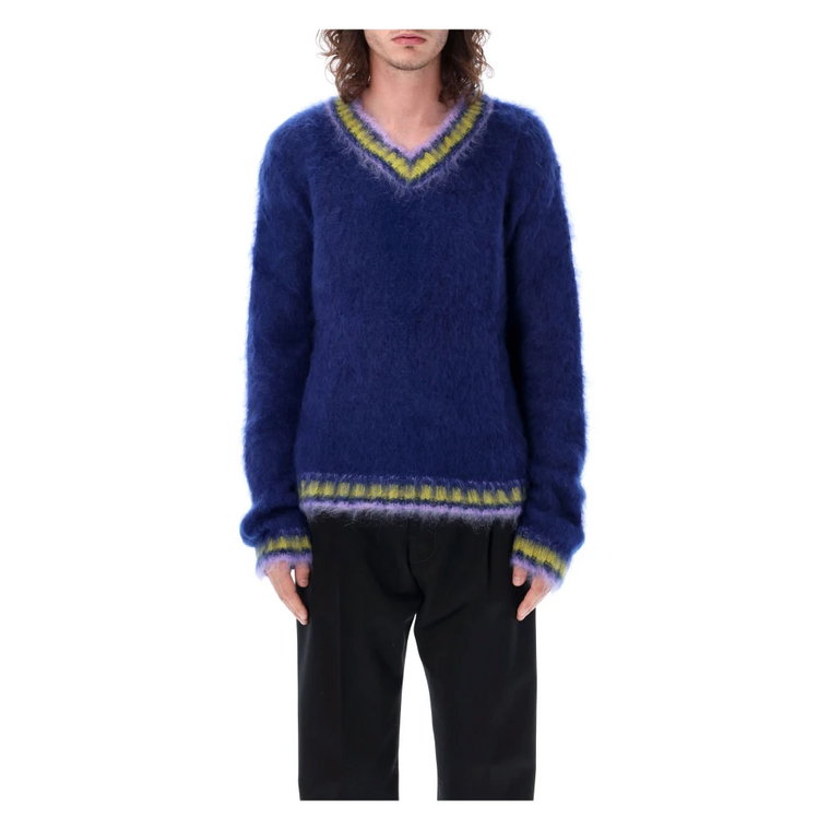 Niebieski Sweter z Włóczki Mohair z Dekoltem w Literę V Aw23 Marni
