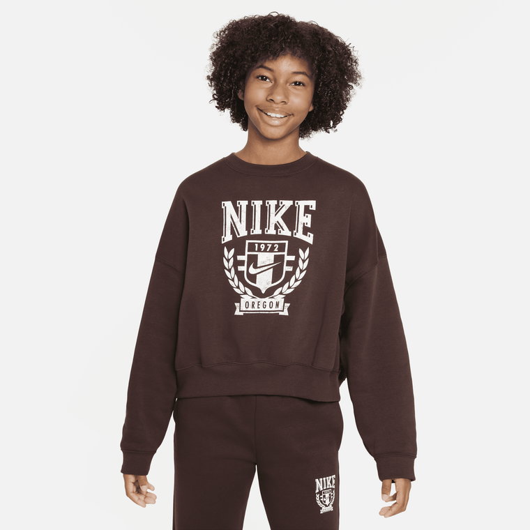 Bluza dresowa oversize z dzianiny z półokrągłym dekoltem dla dużych dzieci (dziewcząt) Nike Sportswear - Biel