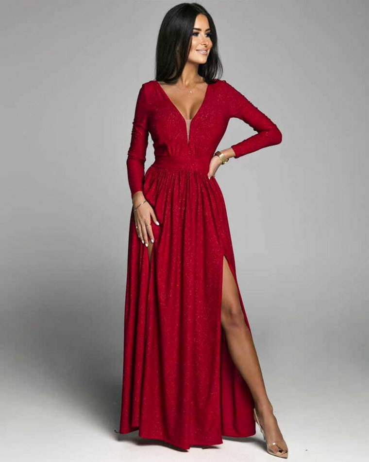 Promise czerwona sukienka balowa elegancka rozkloszowana maxi brokatowa