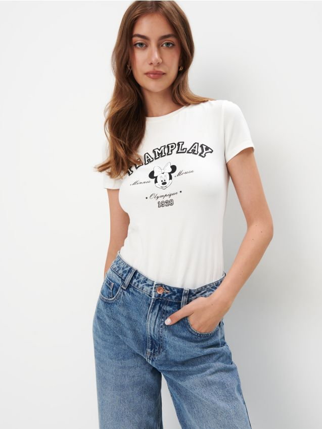 Mohito - Bawełniany t-shirt z Myszką Minnie - biały