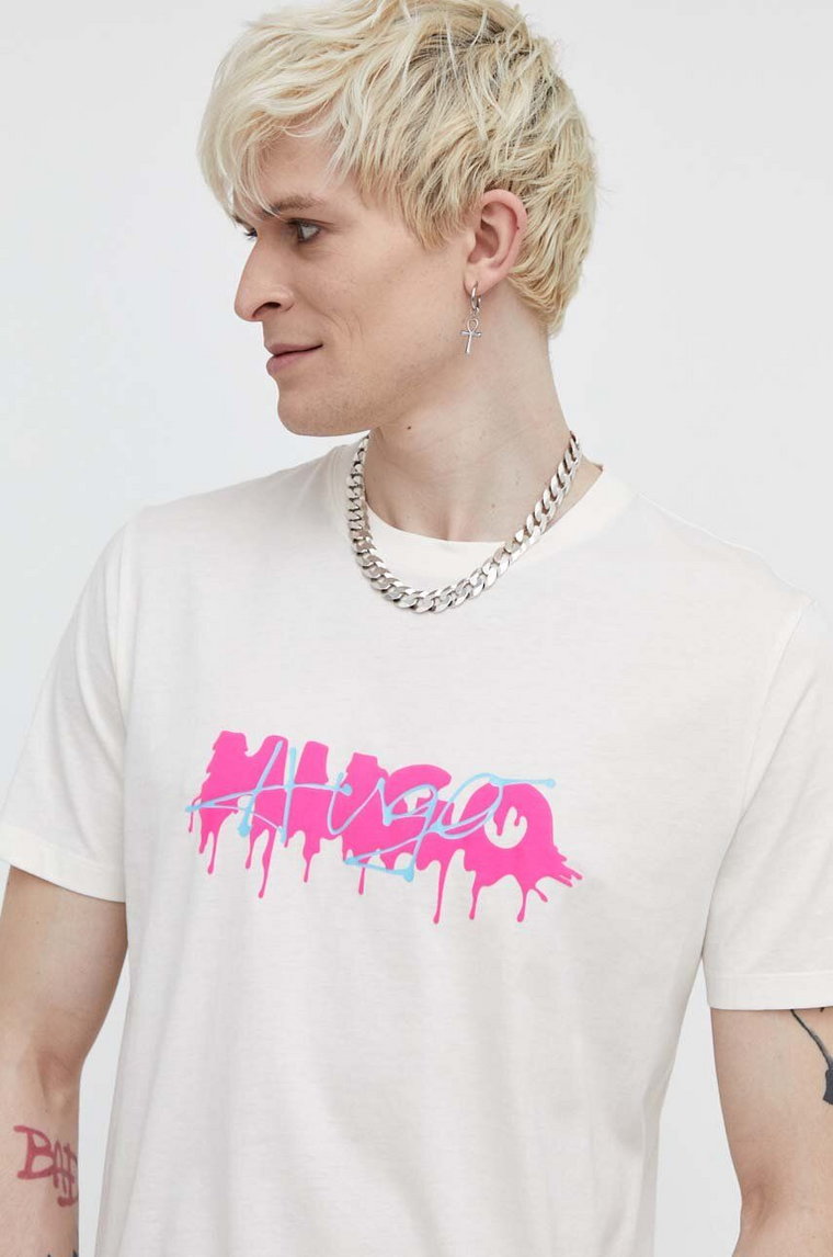 HUGO t-shirt bawełniany męski kolor beżowy z nadrukiem 50515282