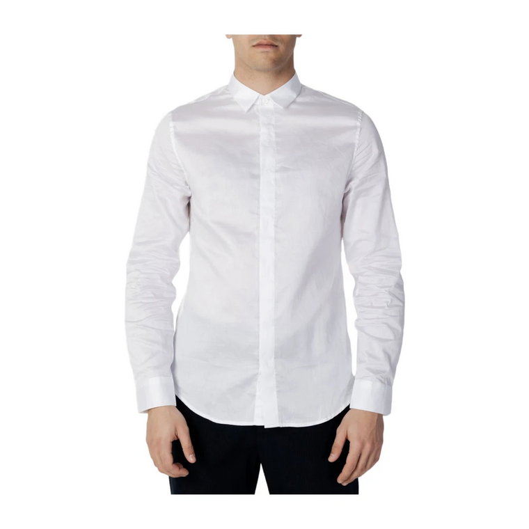 Biała koszula z bawełny satynowej z haftowanym logo Armani Exchange