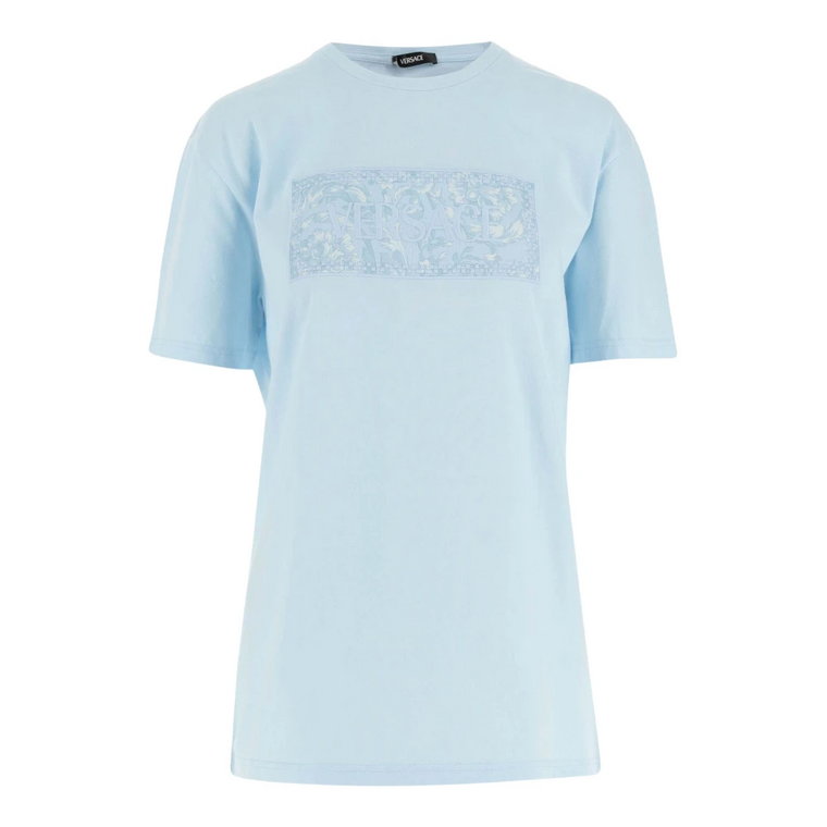 Jasnoniebieski T-shirt z okrągłym dekoltem Versace