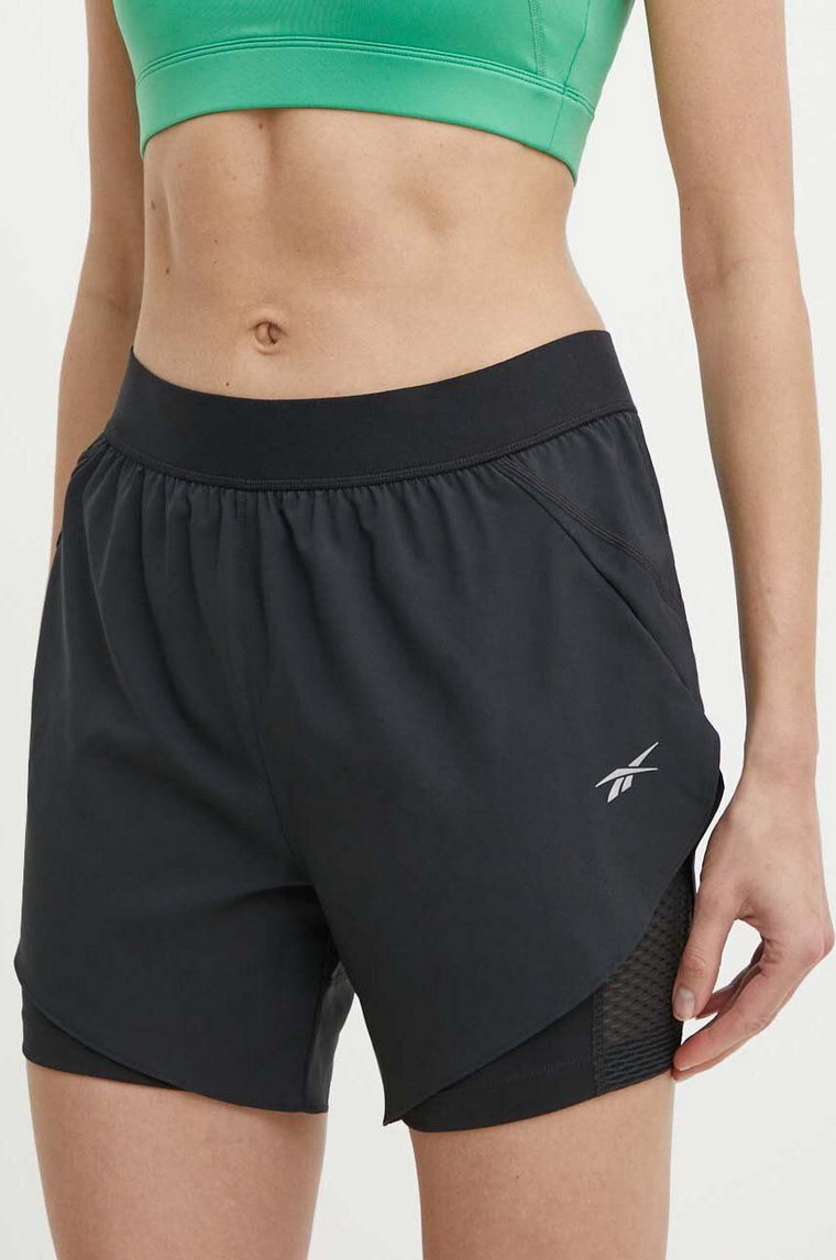 Reebok szorty do biegania kolor czarny gładkie high waist 100075412