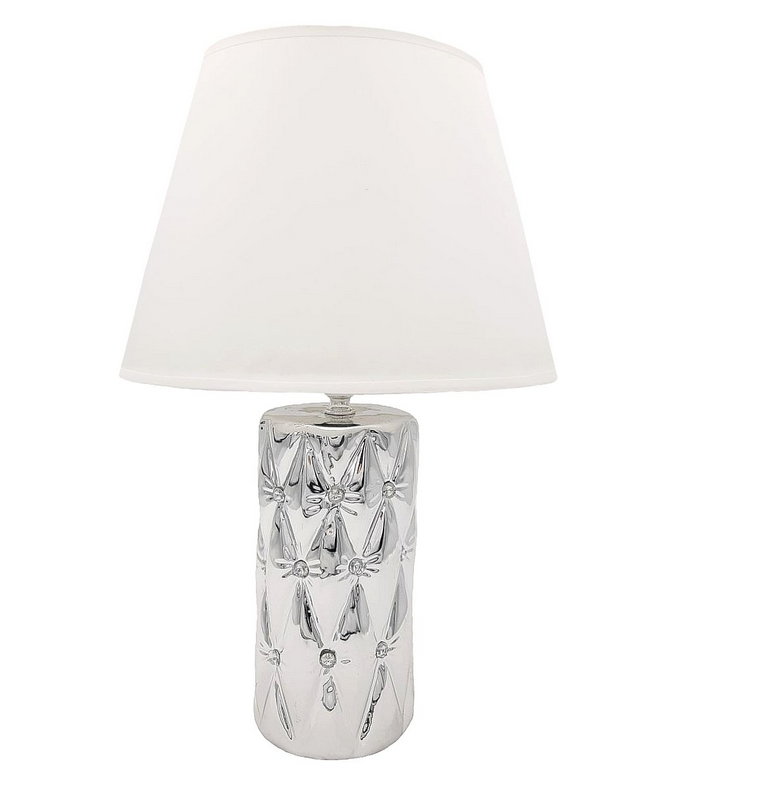 Lampa stołowa nocna z kryształkami srebrna z białym kloszem glamour 44 cm