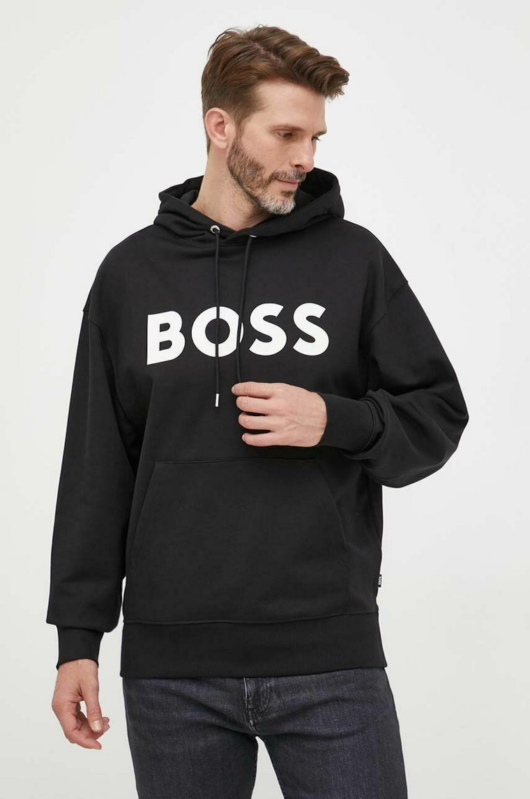 BOSS bluza bawełniana męska kolor czarny z kapturem z nadrukiem 50496661