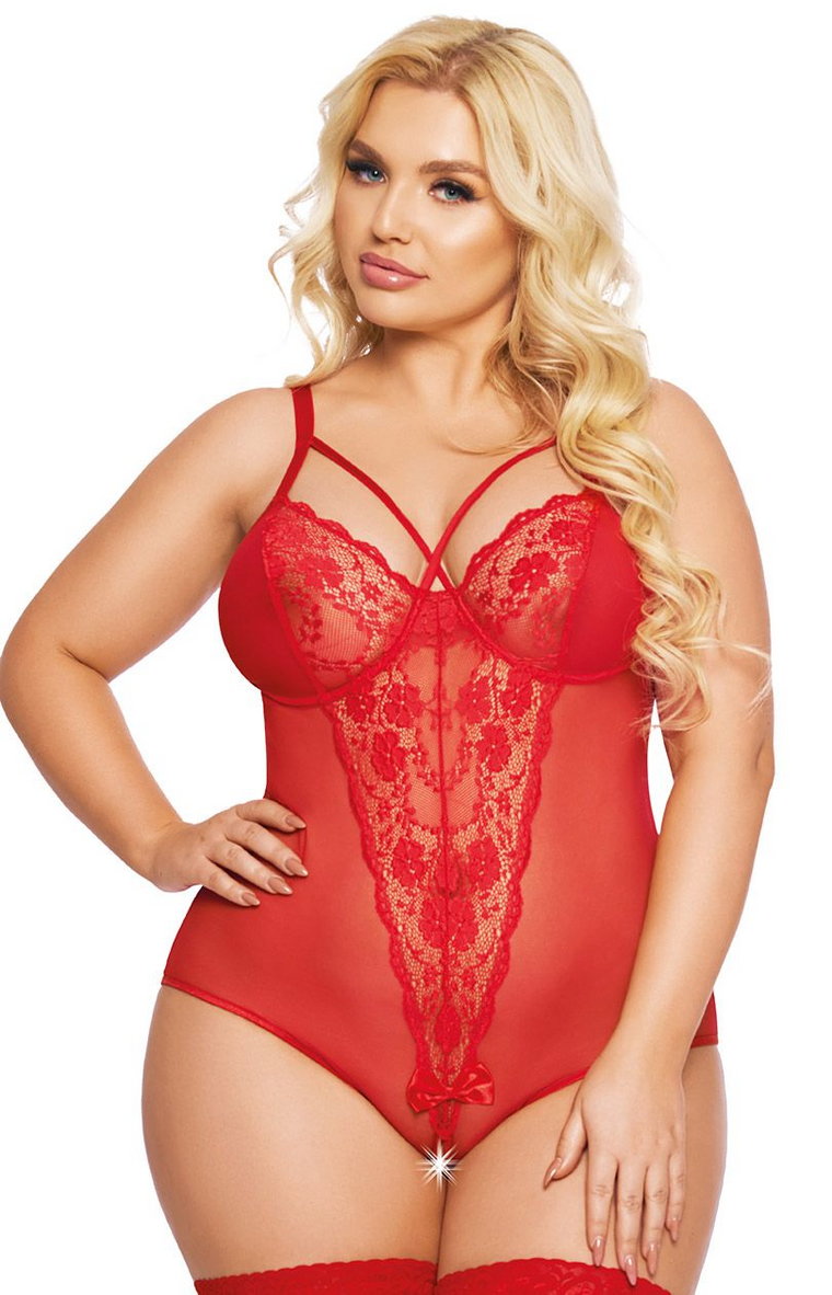 Koronkowe body w kolorze czerwonym plus size Amanda, Kolor czerwony, Rozmiar XL, SoftLine Collection